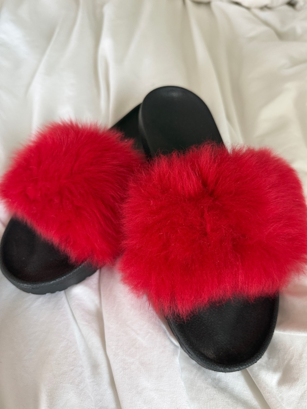 UGG Red Furry Slide Sandals with Black Footbed
